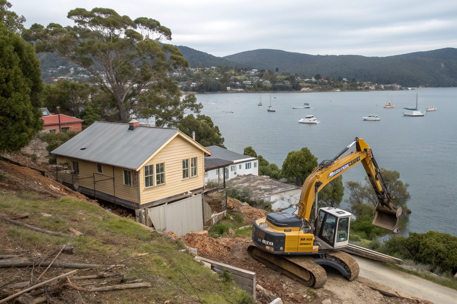 Eastern Shore demolition equipment positioned near Rosny Hill waterfront with Derwent River views