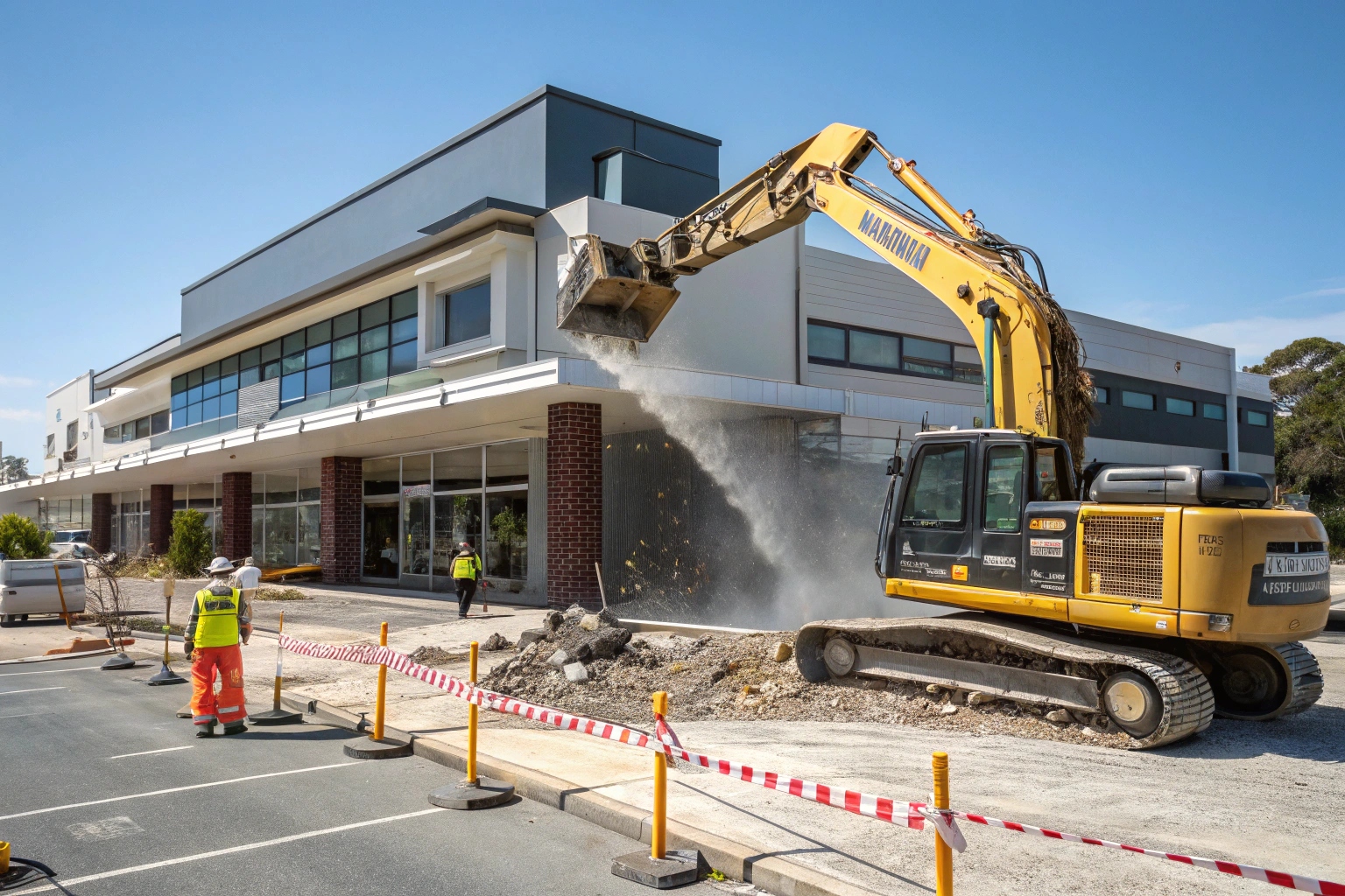 Commercial demolition Kingston TAS showing excavator demolishing retail building near shopping precinct