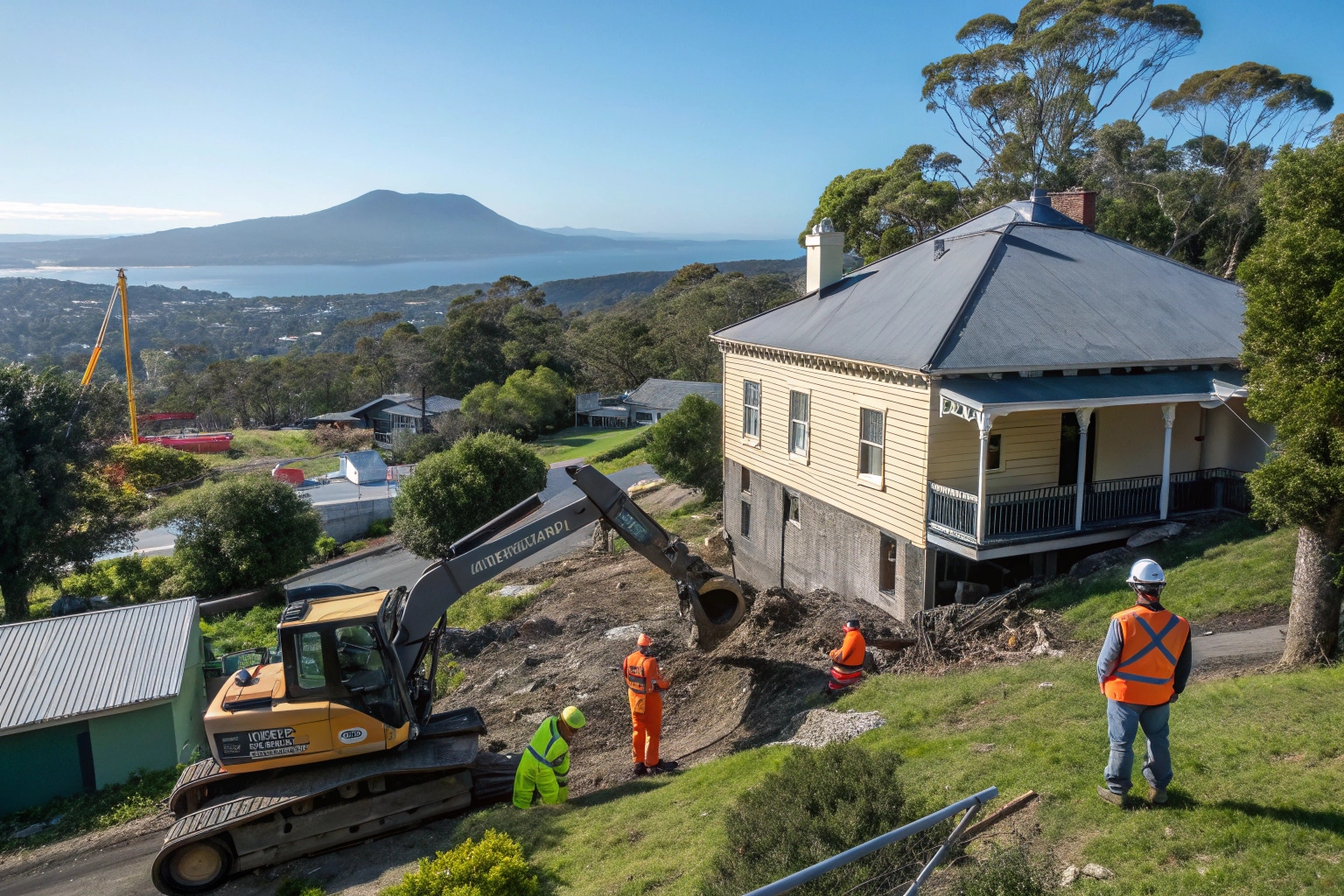 Professional demolition crew working on heritage home in Bellerive village with Eastern Shore landscape