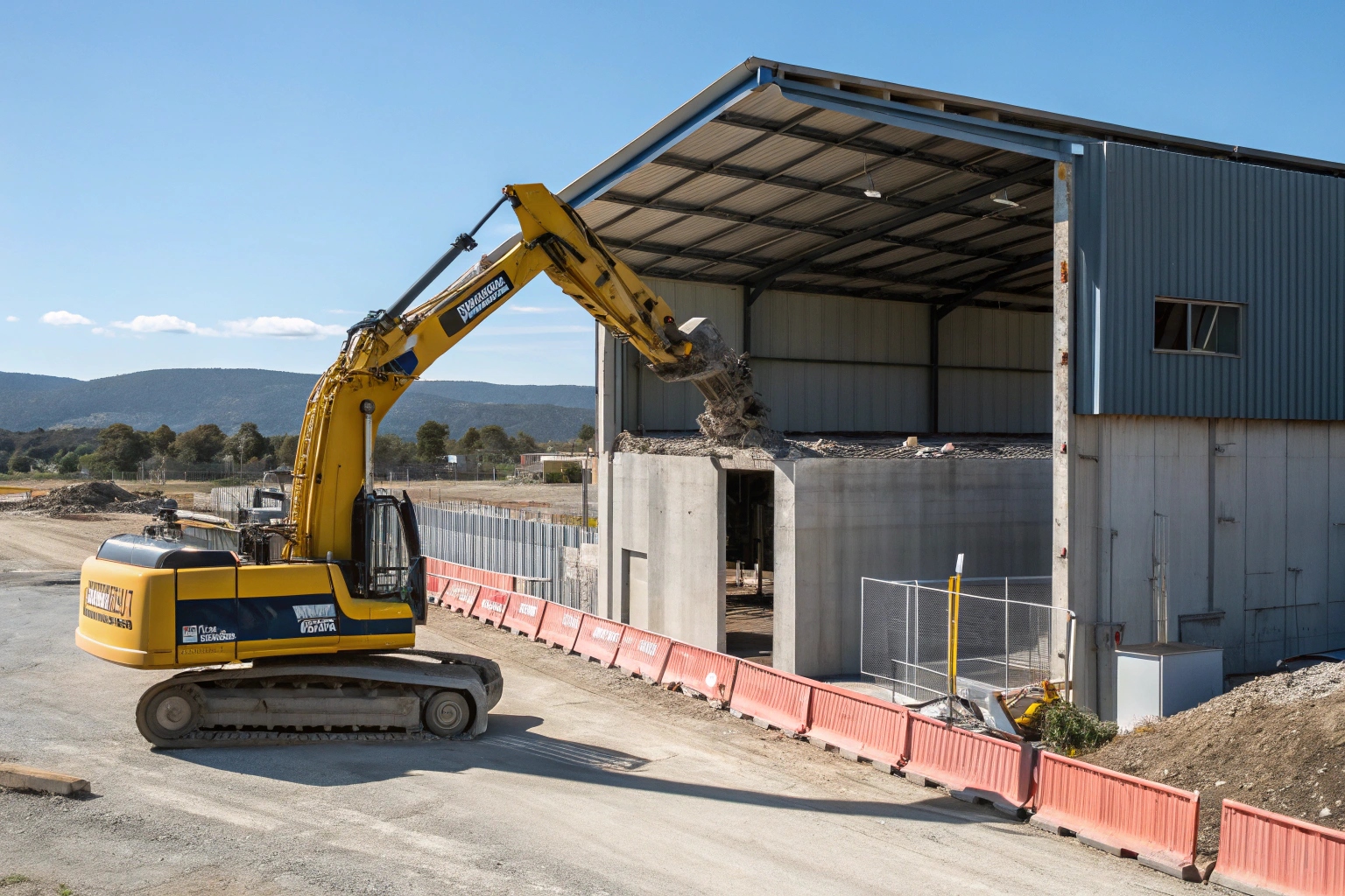Industrial warehouse demolition project in Claremont, Tasmania, showing professional excavator