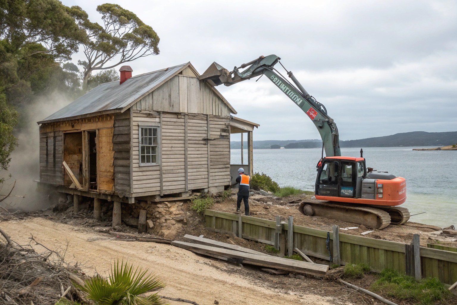 Professional demolition crew removing weathered beach shack in Howrah Tasmania with coastal backdrop