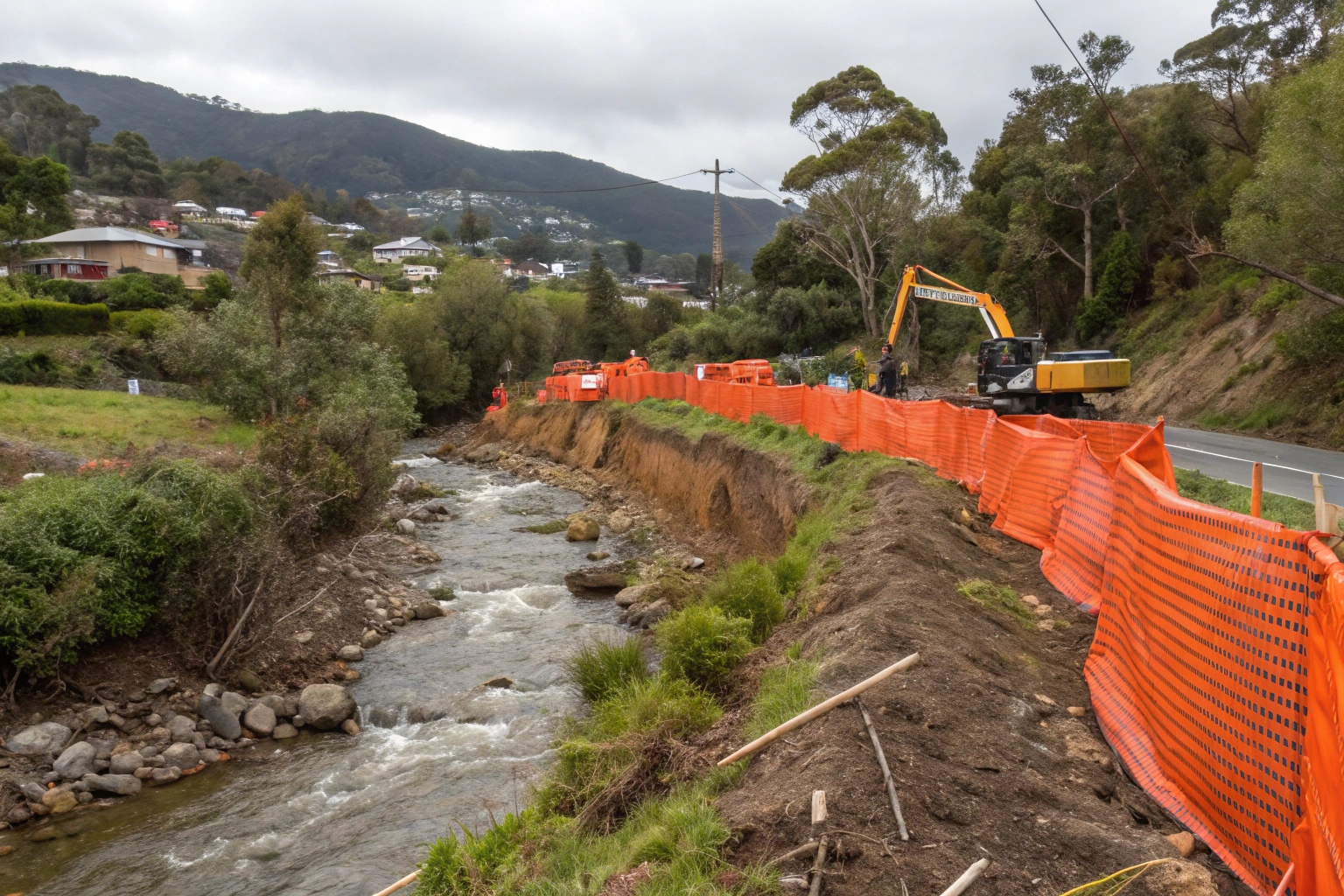 Creek-side demolition equipment, Humphrey Rivulet area, Lenah Valley, with environmental protection measures