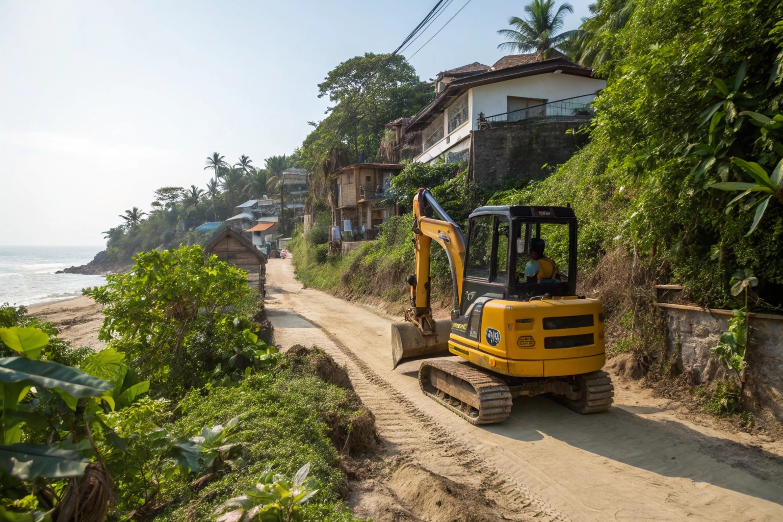 Compact excavator accessing narrow beach road in Howrah for coastal demolition project